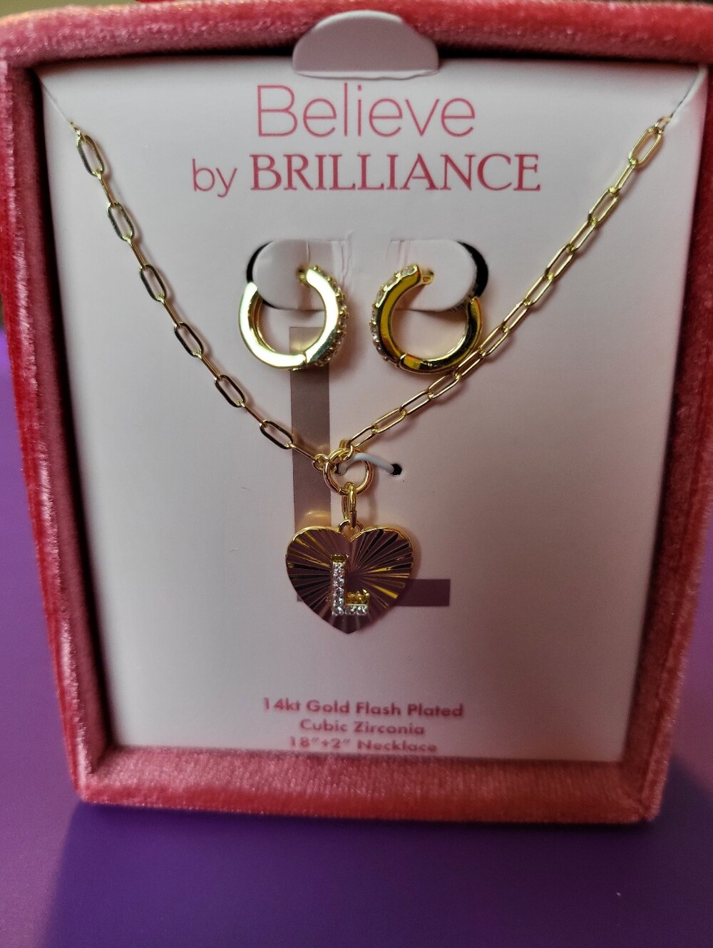 Gold Heart 'L' Pendant Necklace & Hoop Earrings Set